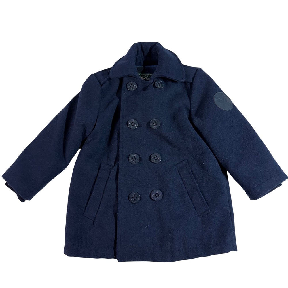 Woolrich Wool Blend Pea Coat 2T Navy Anchor Buttons Buffalo Plaid Lined